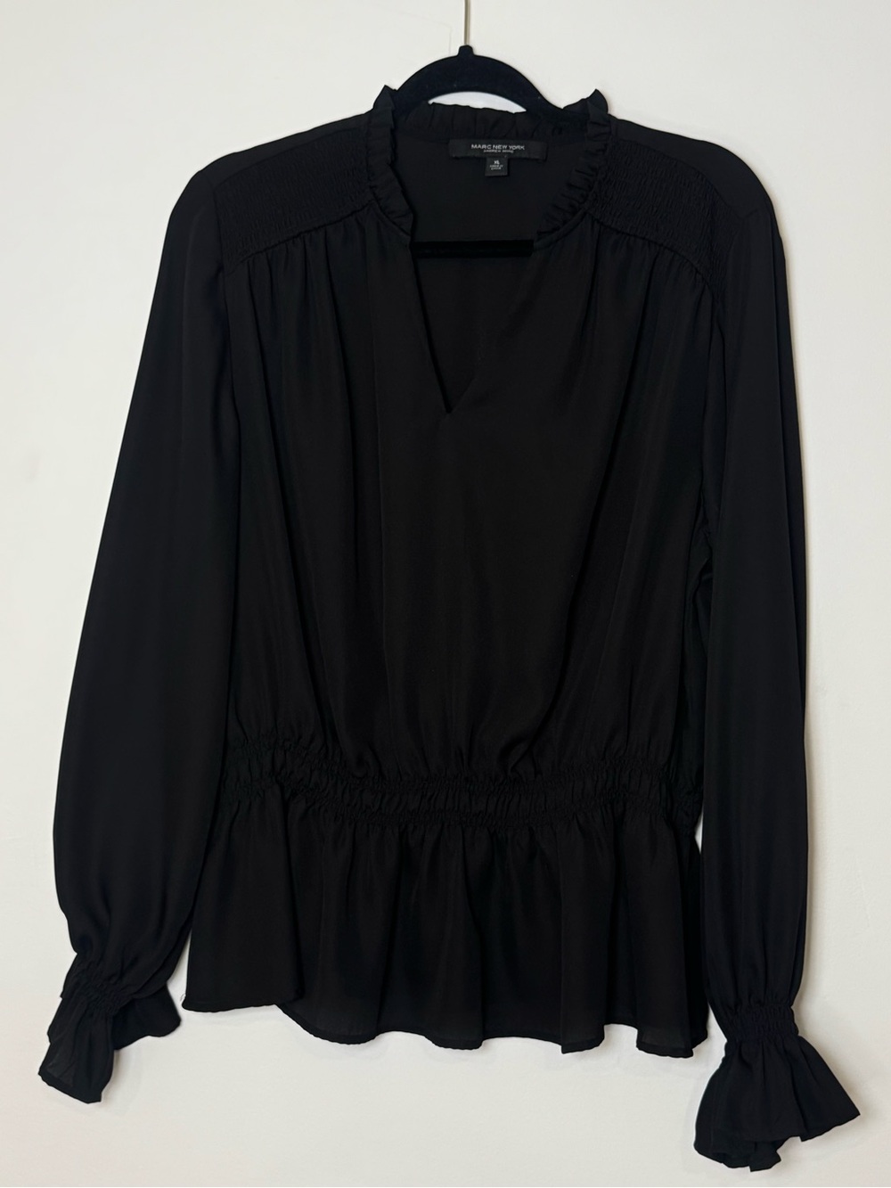 Marc New York Black Ruffled Peplum Blouse Long Sleeve XL Deep V Neck